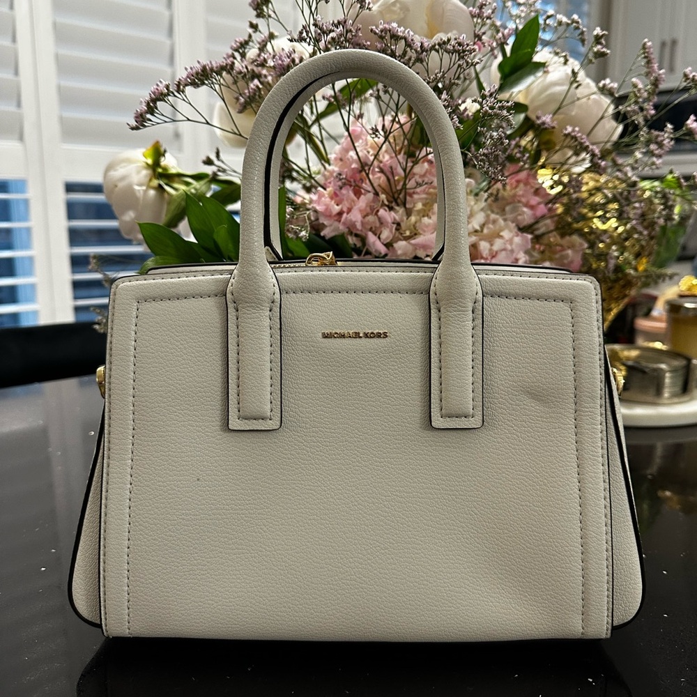 Michael Kors Cream Satchel with Structured Design and Silver Hardware
